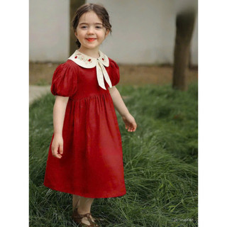 [B&G] Đầm đỏ cổ thêu hoa tay bồng thắt nơ lưng cho bé gái 2-11 tuổi (12-40kg)