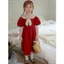 Đầm đỏ cổ thêu hoa tay bồng thắt nơ lưng cho bé gái 2-11 tuổi (12-40kg)