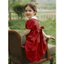 Đầm đỏ cổ thêu hoa tay bồng thắt nơ lưng cho bé gái 2-11 tuổi (12-40kg)