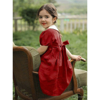 [B&G] Đầm đỏ cổ thêu hoa tay bồng thắt nơ lưng cho bé gái 2-11 tuổi (12-40kg)