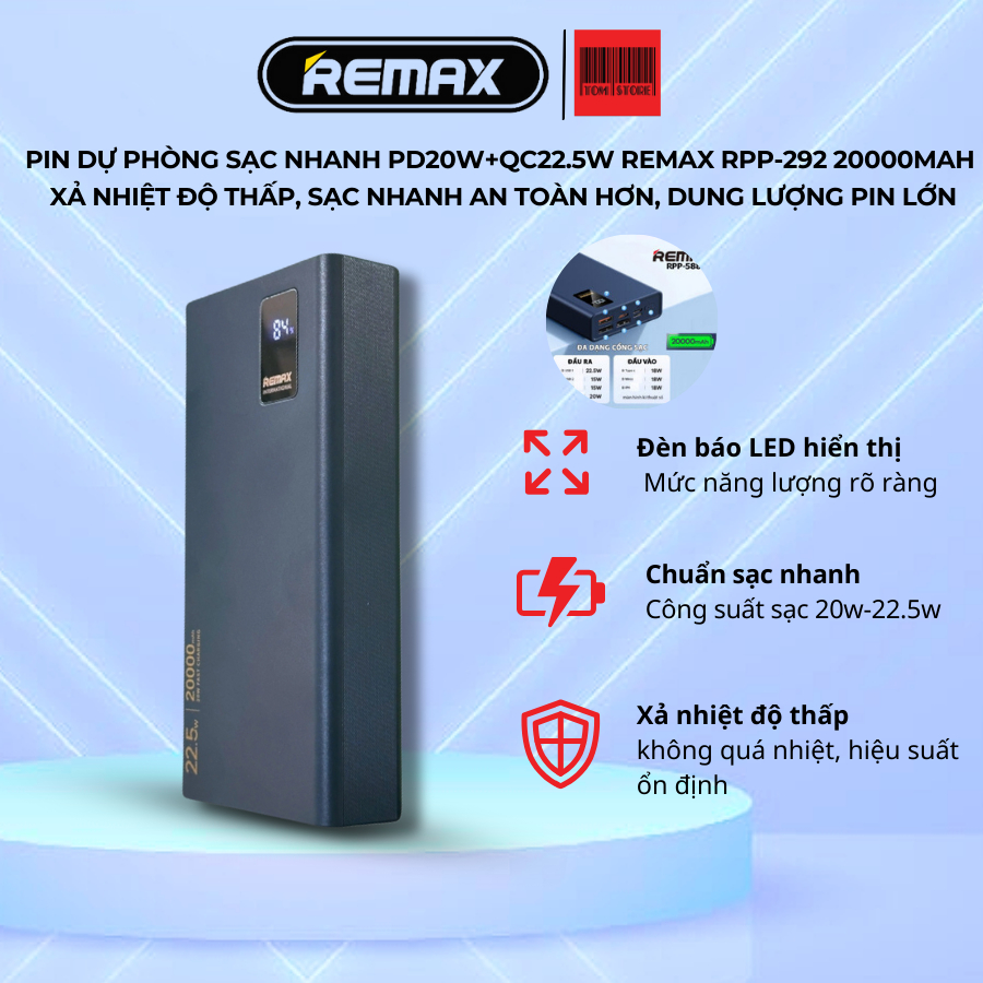 Pin dự phòng sạc nhanh PD20W+QC22.5W REMAX RPP-292 20000mAh Xả nhiệt độ ...