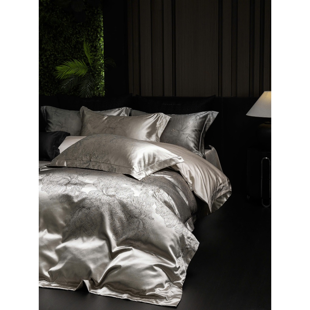 (L4958) Bộ Chăn Ga Gối Gấm Hoàng Gia Thiết Kế Tối Giản Họa Tiết Lá Nhẹ Nhàng Tinh Tế Sang Trọng - MemMinbedding Luxury