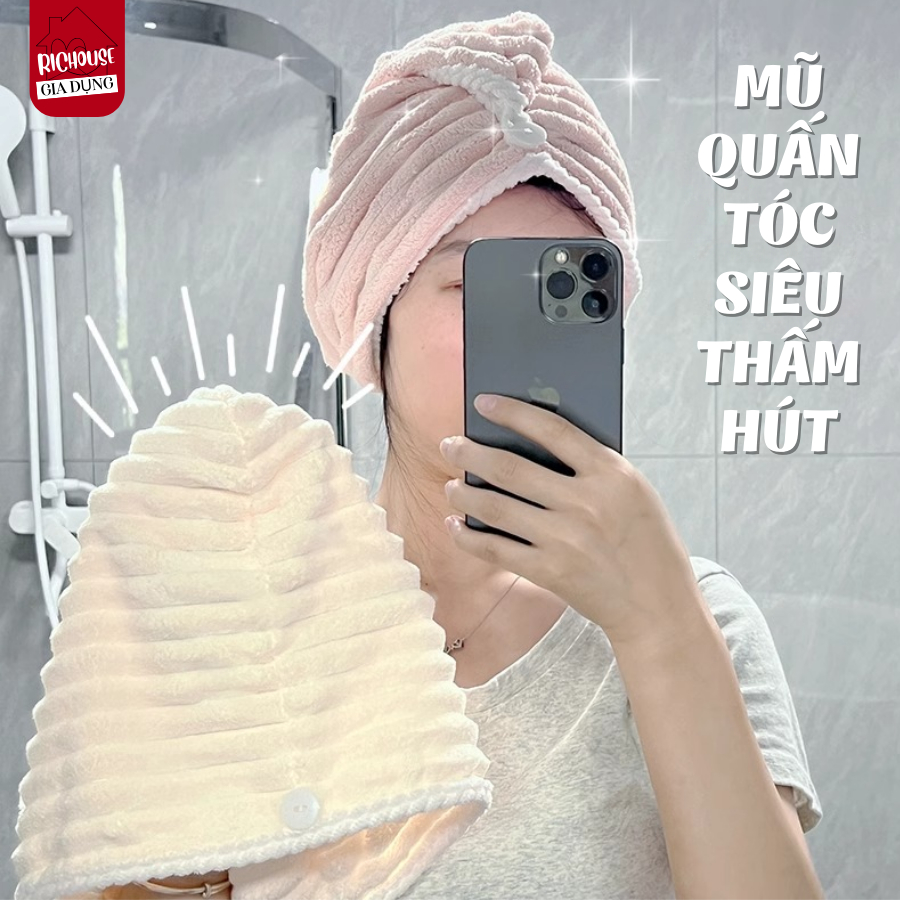 Khăn Quấn Tóc Siêu Thấm Hút Nhanh Khô, Mũ Ủ Tóc, Khăn Lau Tóc Lọn Bông To Siêu Thấm