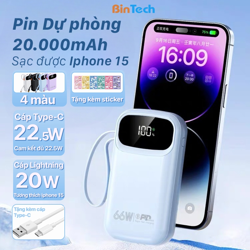 Sạc dự phòng 20000mAh, sạc nhanh PD 66W tích sẵn cáp cho điện thoại – Bảo hành 6 tháng