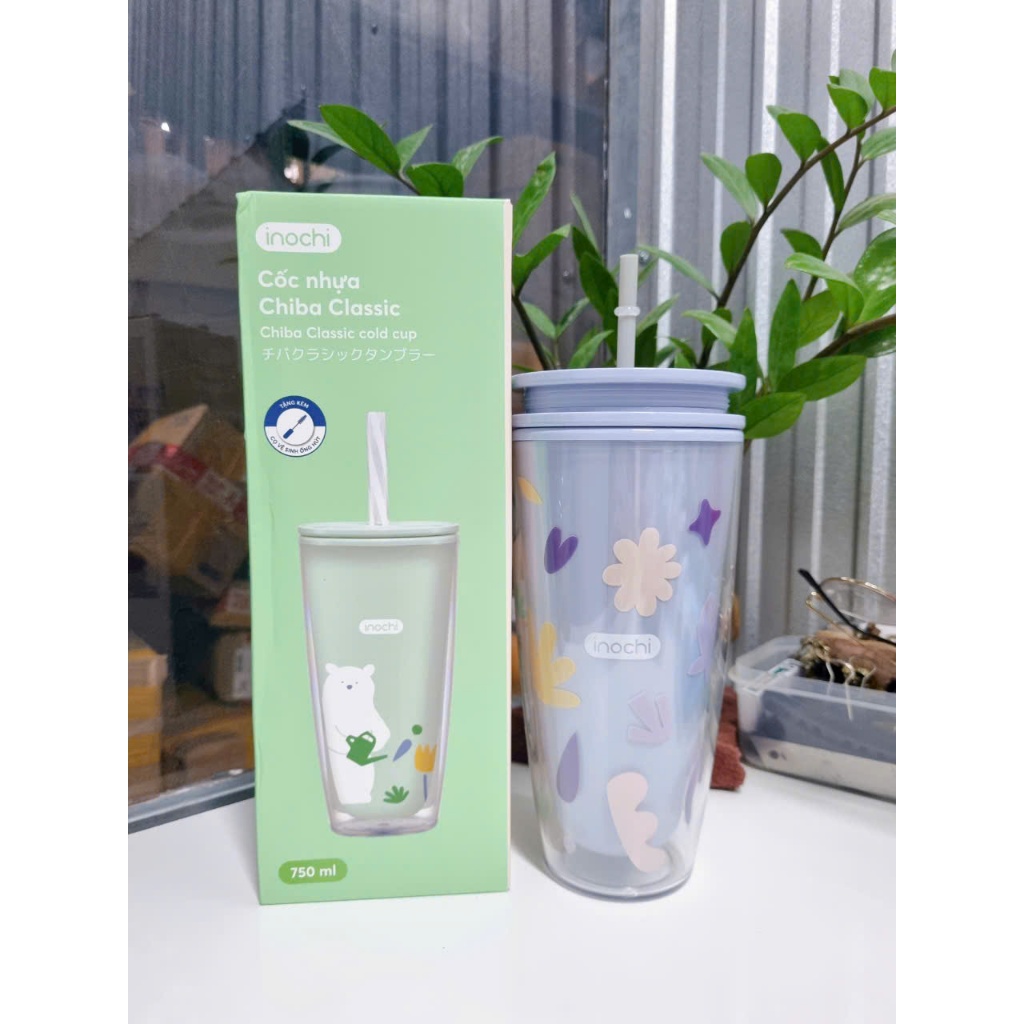 Cốc nhựa Chiba Classic INOCHI, cốc nhựa kèm ống hút dung tích 750ml nhựa nguyên sinh an toàn