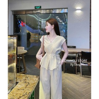 Set bộ tuyết nhung áo cổ chữ V sát tay quần dài ống rộng màu trơn thời trang mặc được hằng ngày hoặc đi dạo