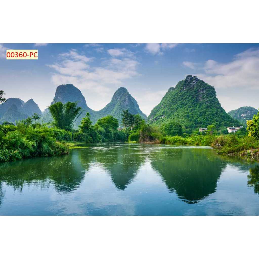 Tranh lụa dán tường cảnh thiên nhiên núi non mây trời xanh ngát, mẫu mã đa dạng