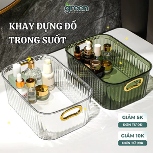Khay nhựa trong suốt đựng mỹ phẩm có tay cầm Greenhome, Hộp đựng đồ đề bàn dụng cụ trang điểm