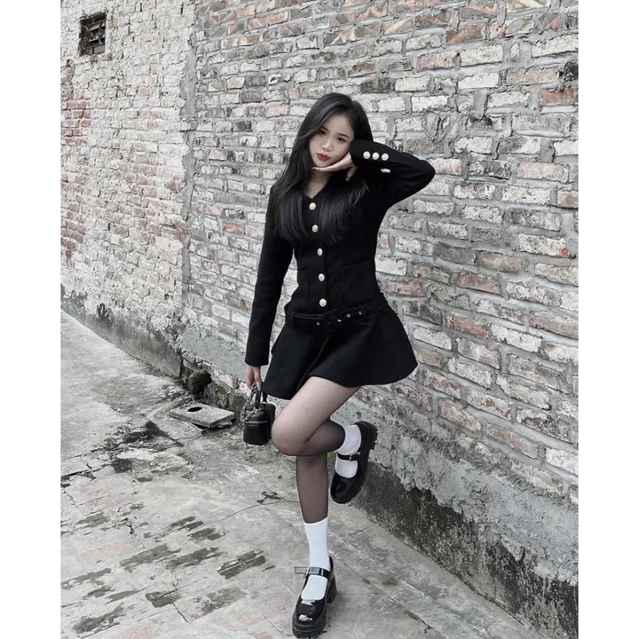 LALASTUDIO| Váy dạ ép dáng xòe cúc đồng kèm đai thắt eo tiểu thư, Váy dạ dáng ngắn có đệm vai tặng kèm đai váy ( Loại 1)
