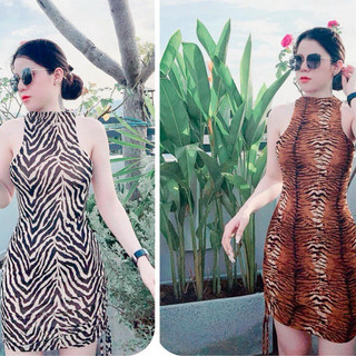 Đầm nữ/ đầm ôm body sexy/ đầm ôm dự tiệc/đầm sát nách cổ cao in 3D ngựa vằn trắng đen và vằn nâu cháy tôn dáng