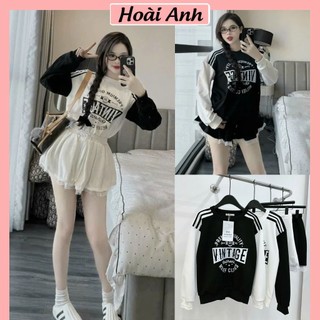 Set Bộ Đồ Nữ Nỉ 2 Da In VINTAGE Áo Dài Tay Phối Màu Đen Trắng Sọc Vai Mix Chân Váy Xếp Ly Viền Ren Freesize