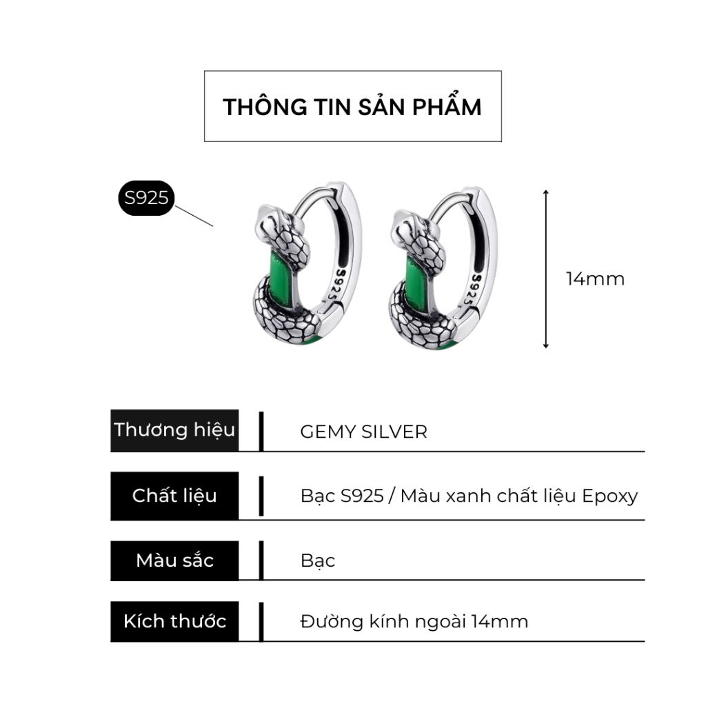 Khuyên tai tròn nam bạc 925 thiết kế hình rắn đá xanh Green Snake độc đáo (1 chiếc) KN136 | GEMY SILVER