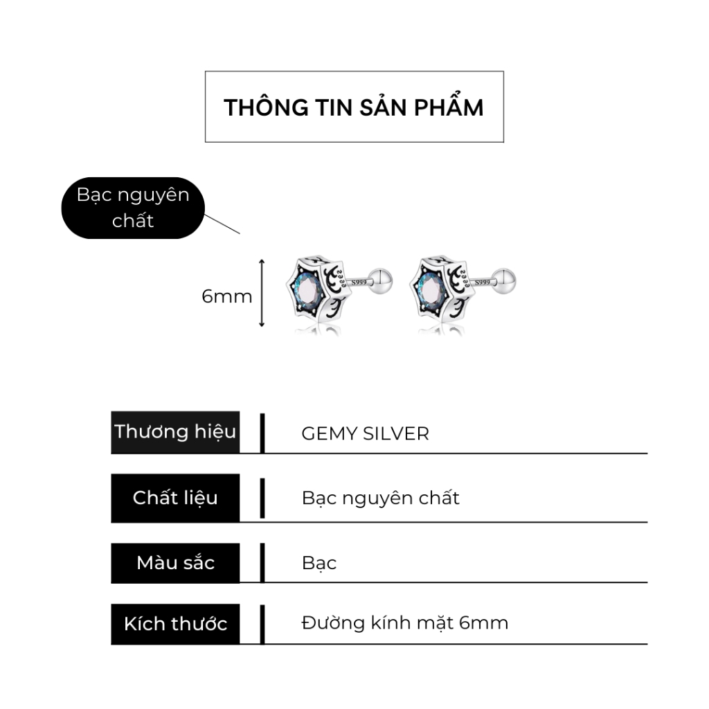 Khuyên tai thanh thẳng nam bạc nguyên chất thiết kế hình sao lục giác cực chất (1 chiếc) KN137 | GEMY SILVER
