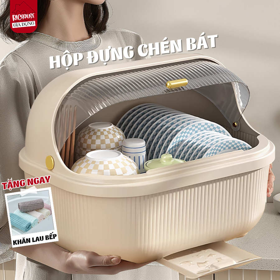 Hộp đựng chén bát đĩa có nắp đậy, tủ bếp chống côn trùng, bụi bẩn, giá đựng bát đũa thoát nước