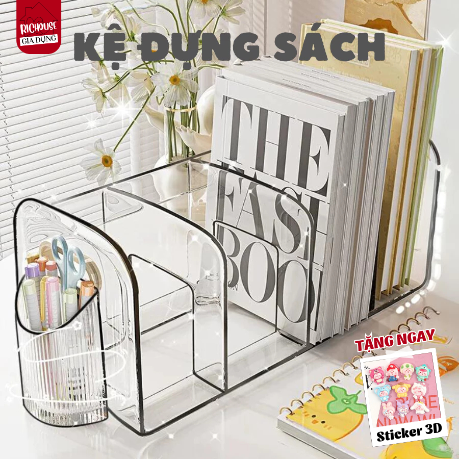 Kệ đựng sách để bàn trong suốt nhiều ngăn chất liệu Acrylic dày dặn, cao cấp có tay cầm