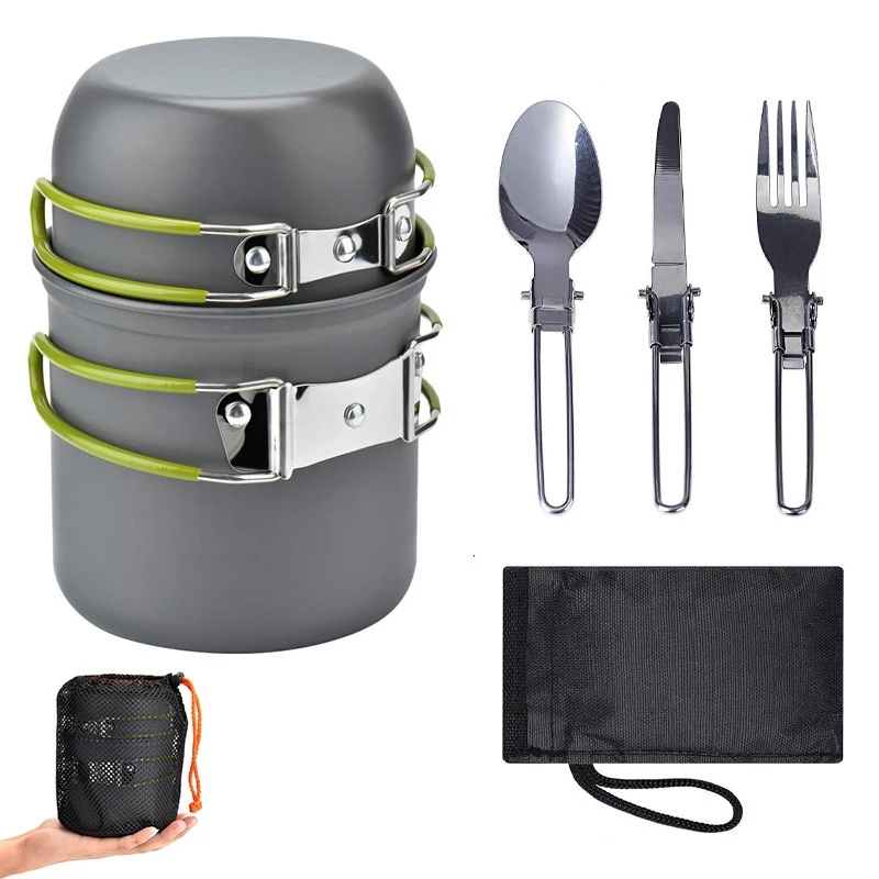 Bộ nồi + Dao, Nĩa và Muỗng nấu ăn cắm trại Bộ dụng cụ nấu ăn ngoài trời 1-2 người