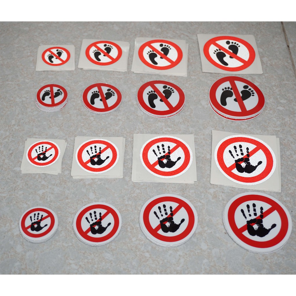 Logo cấm đạp, giẫm chân, không đạp, chạm tay, cấm đụng vào. Stop hand, No foot step. Decal chống nước, không bay màu