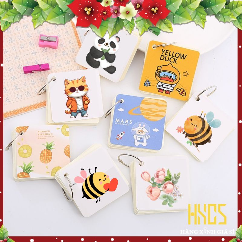 Flashcard học từ vựng vuông 7x7cm giấy đẹp, thiết kế thông minh, tiện học tiếng anh nhật hàn