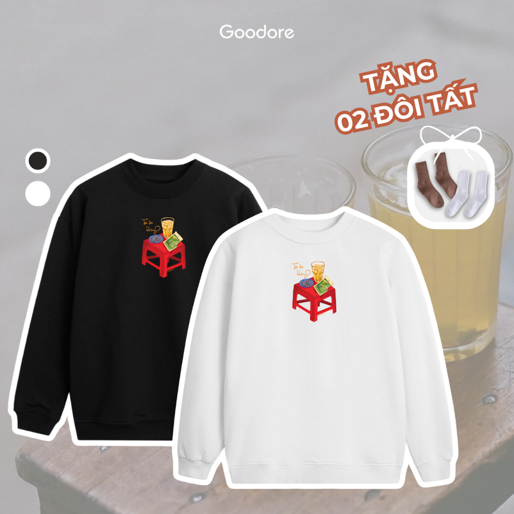 Áo dài tay Sweater nỉ chân cua (Nỉ Da Cá) thương hiệu Goodore mẫu Trà Đá dáng Oversize năng động mùa thu đông