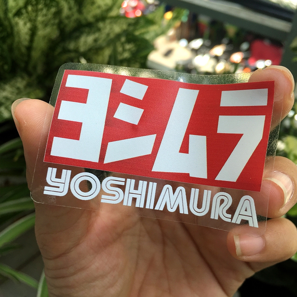 Tem in UV, YOSHIMUARA trắng đỏ nền trong suốt. Decal chống nước, không bay màu. Sticker cao cấp