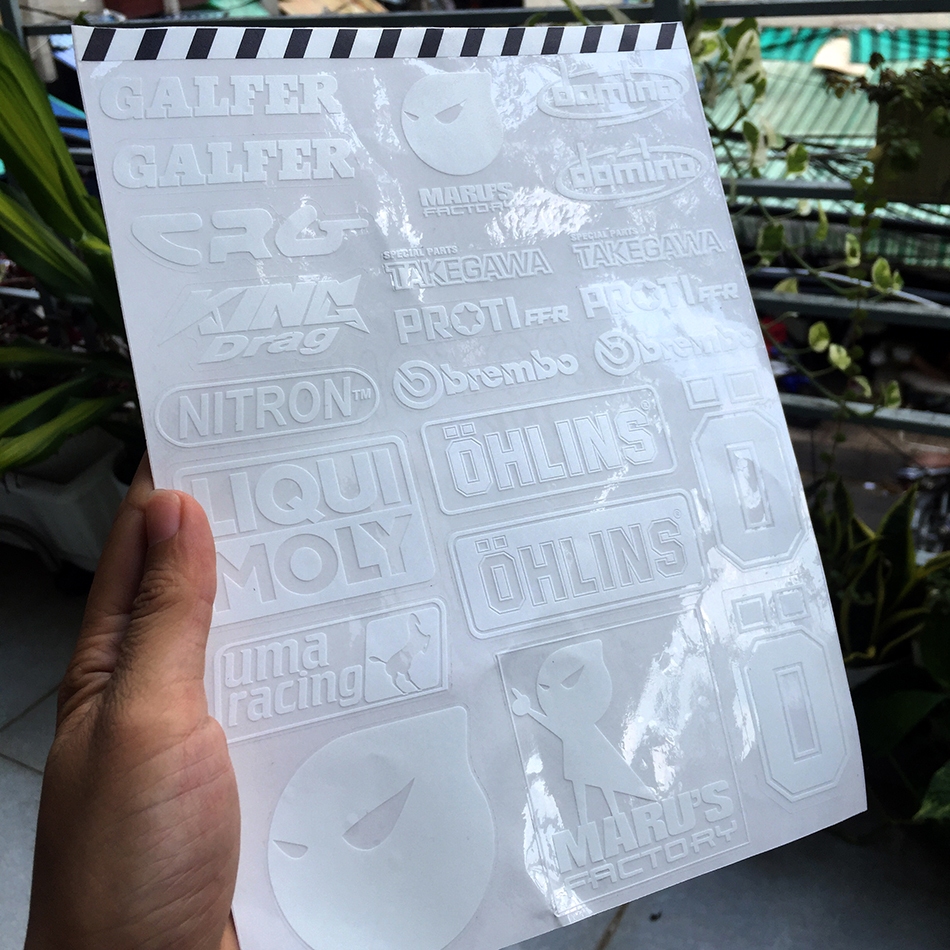 Bộ logo Maru's CHỮ TRẮNG nền TRONG SUỐT hình dán trang trí. Decal xuyên thấu cao cấp, chống nước, không bay màu