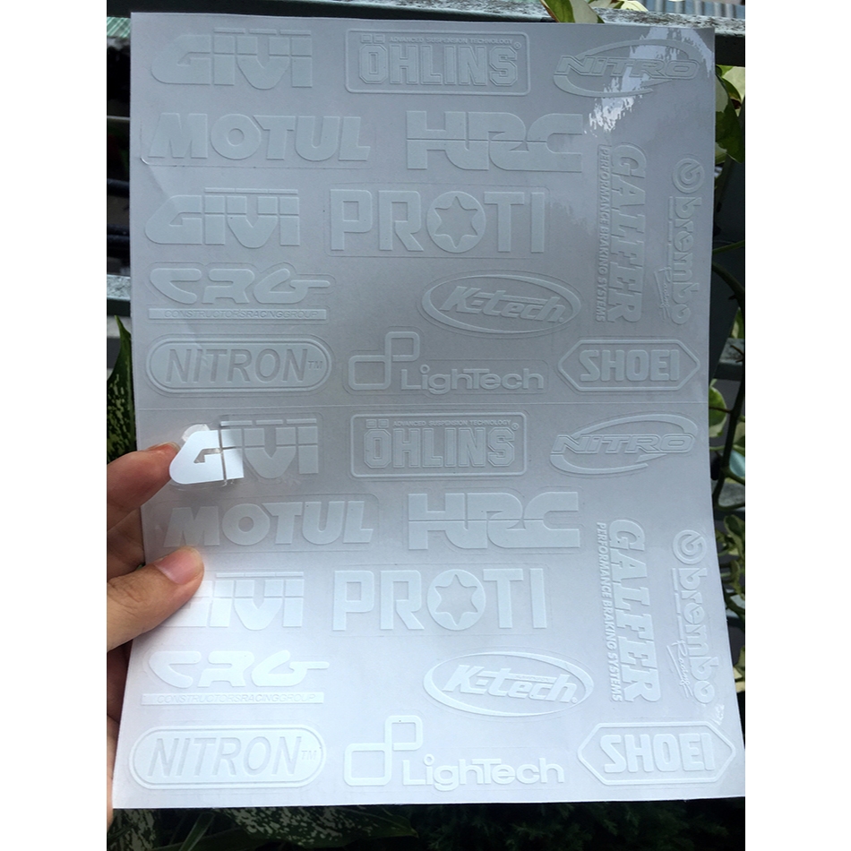 Bộ 28 logo chữ trắng nền trong suốt dán xe máy. Tem in UV cao cấp, sắc nét, decal chống nước, không bay màu