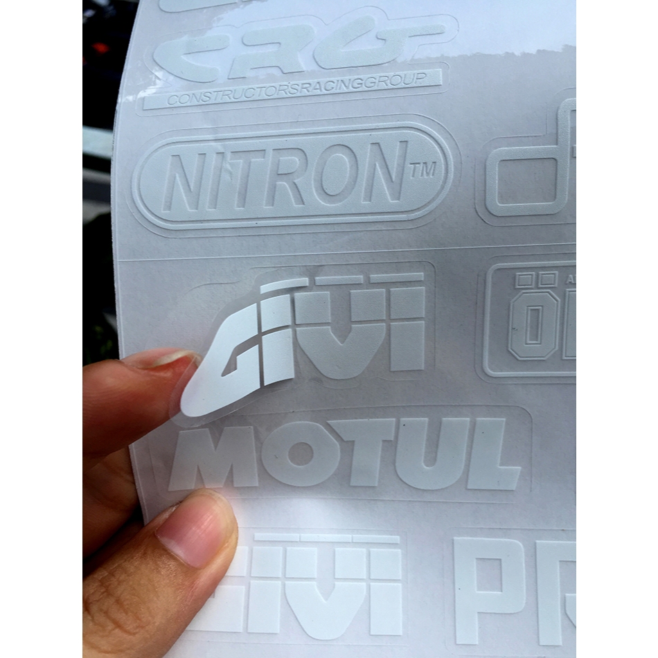 Bộ 28 logo chữ trắng nền trong suốt dán xe máy. Tem in UV cao cấp, sắc nét, decal chống nước, không bay màu