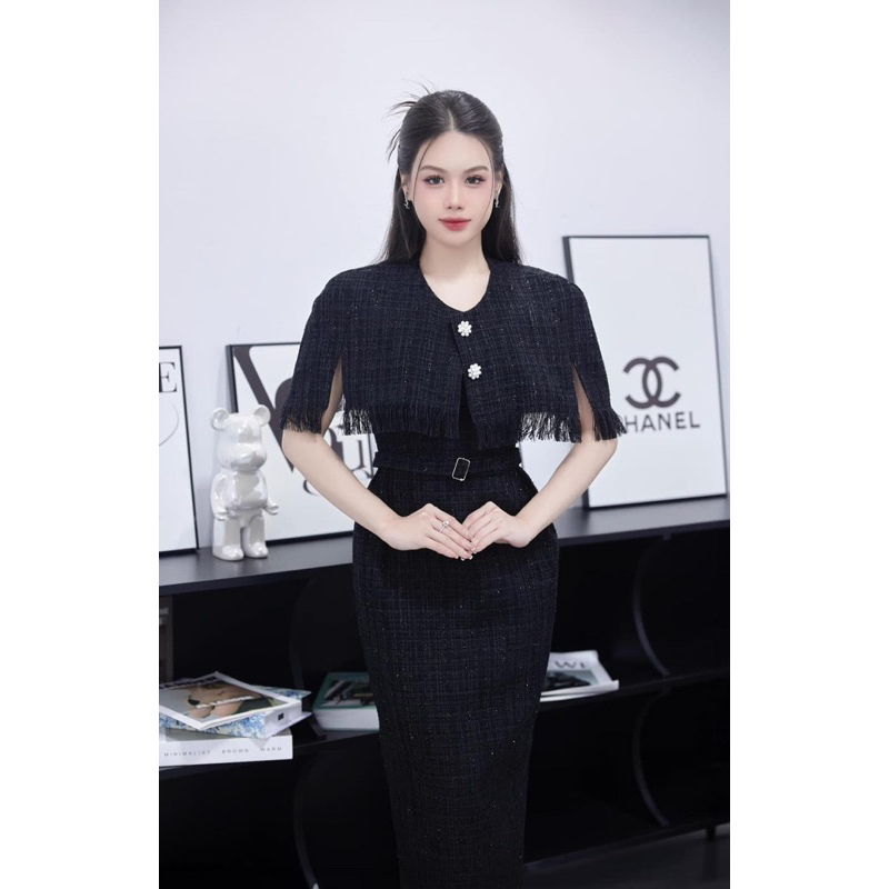 Váy dạ tweed ánh kim thiết kế sang trọng lịch lãm dành cho giới thượng lưu