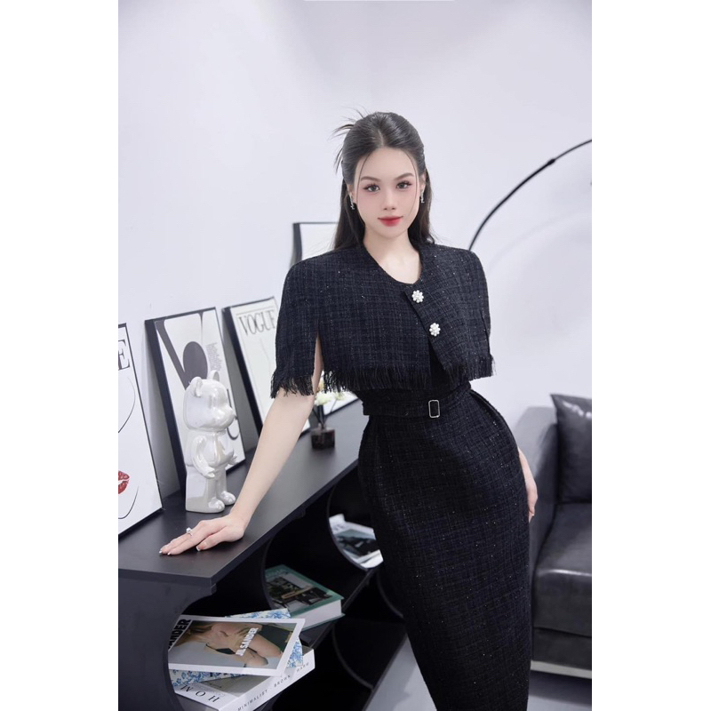 Váy dạ tweed ánh kim thiết kế sang trọng lịch lãm dành cho giới thượng lưu