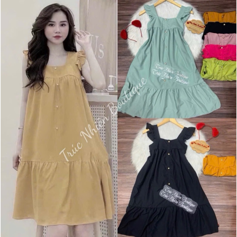Đầm váy ngủ kate lụa tay cánh tiên phối nút phom dưới 55kg - D89