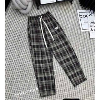 quần nữ dáng baggy  vải mì dạ siêu đẹp cạp chun lưng cao có dây rút hoạ tiết kẻ caro