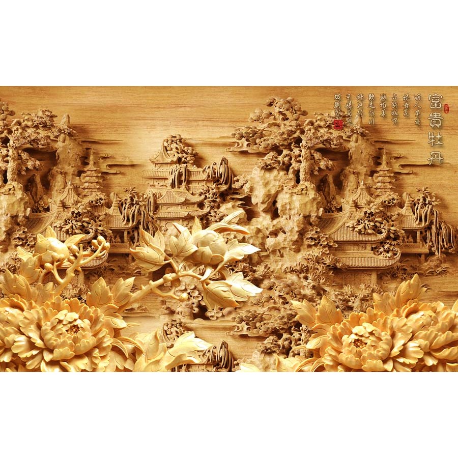 Tranh 3D giả trạm trổ điêu khắc gỗ. Tranh lụa kèm keo dán và dụng cụ dán