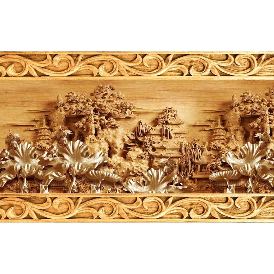 Tranh 3D giả trạm trổ điêu khắc gỗ. Tranh lụa kèm keo dán và dụng cụ dán