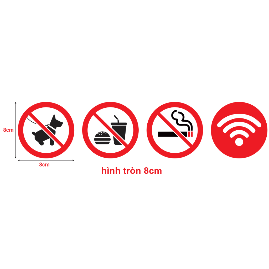 Biển báo cấm vật nuôi, mang thức ăn, hút thuốc. No Pet, No Food or Drink, No Smoking, Free Wifi