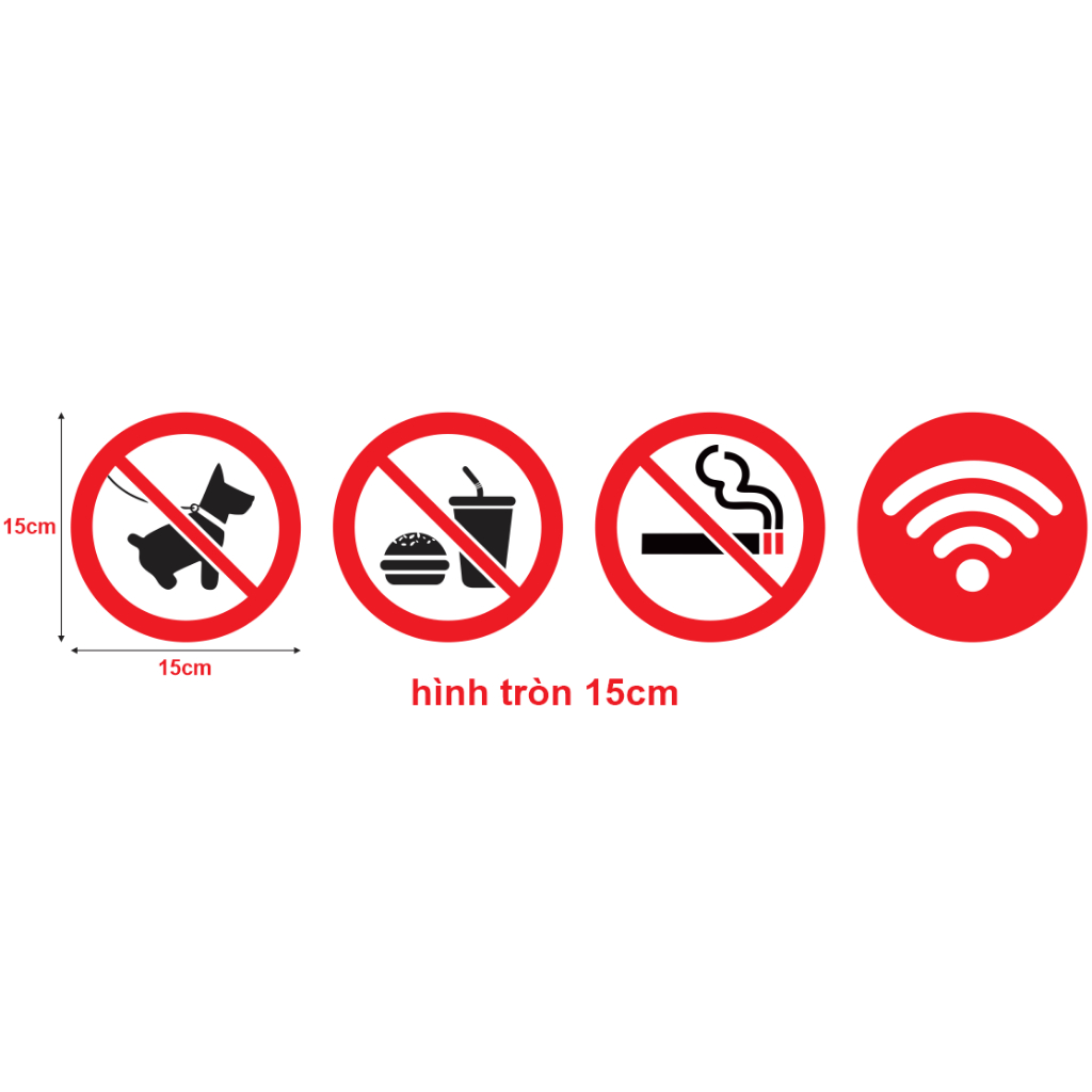 Biển báo cấm vật nuôi, mang thức ăn, hút thuốc. No Pet, No Food or Drink, No Smoking, Free Wifi