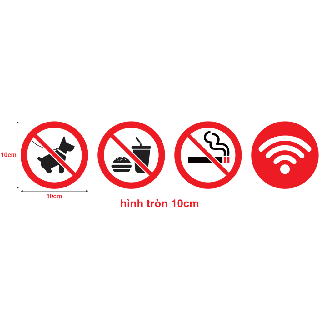 Biển báo cấm vật nuôi, mang thức ăn, hút thuốc. No Pet, No Food or Drink, No Smoking, Free Wifi
