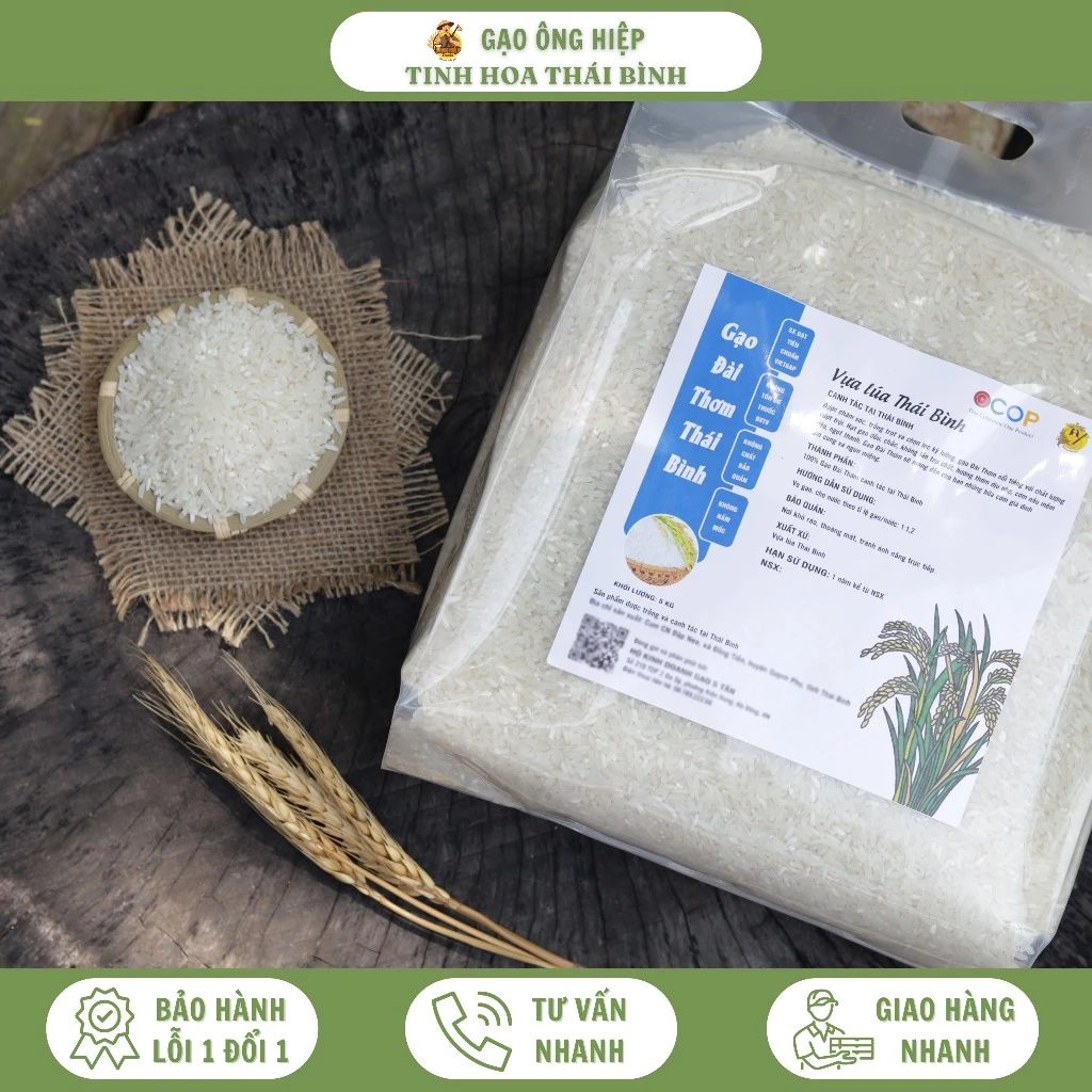 5kg Gạo Đài Thơm - Canh tác tại Thái Bình - Dẻo Vừa, Thơm, Ngọt Cơm - Không tẩy trắng - Gạo Ông Hiệp
