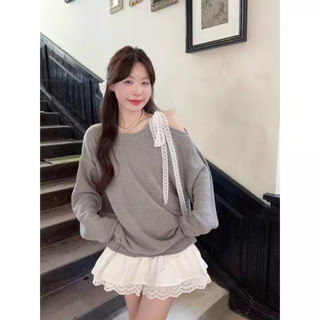 Set áo thun dài tay phối ren, buộc dây nơ vai phối chân váy tầng phối ren thêu hoa nổi