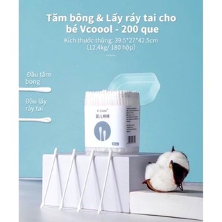 TĂM BÔNG VCOOL CHO BÉ , Bông ngoáy tai cho bé Vcool 2 đầu kháng khuẩn, tăm bông sơ sinh tiện lợi hộp 200 que - TAMBONG59