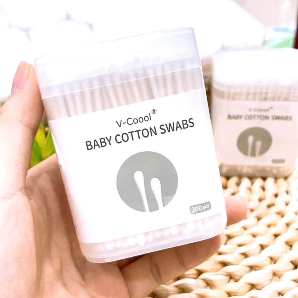 TĂM BÔNG VCOOL CHO BÉ , Bông ngoáy tai cho bé Vcool 2 đầu kháng khuẩn, tăm bông sơ sinh tiện lợi hộp 200 que - TAMBONG1