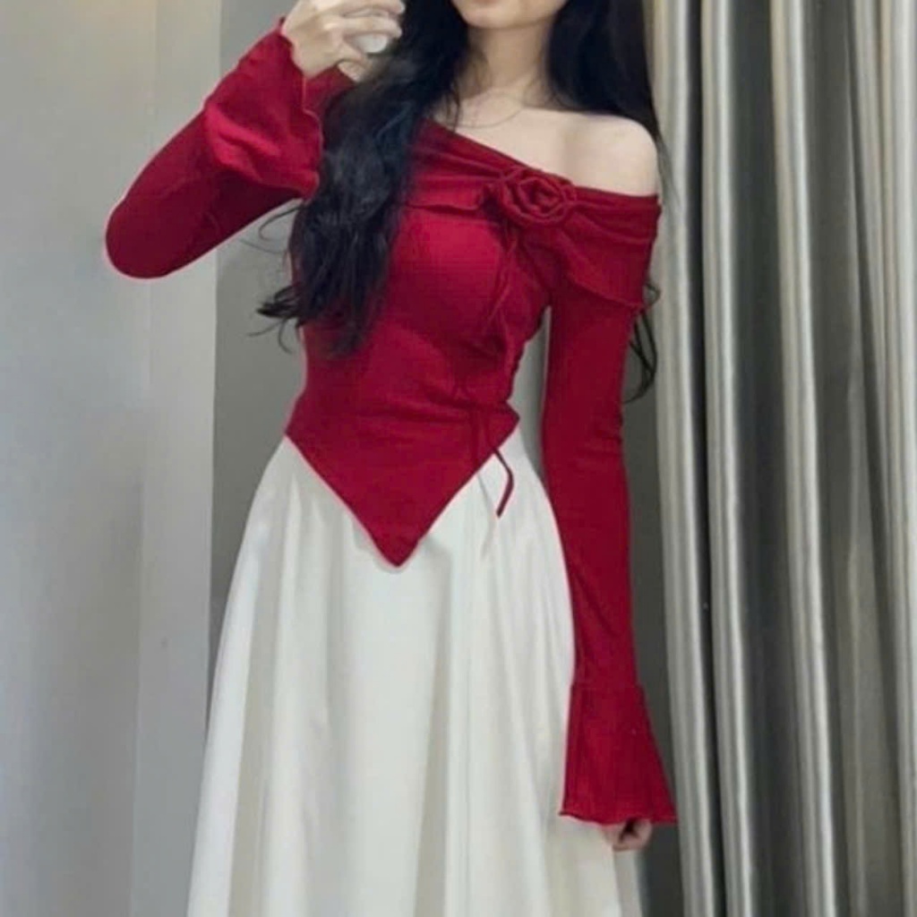 Áo trễ vai kiểu tay dài ống loe - có BIGSIZE - Set áo váy đi biển chất thun tăm phong cách Tỷ Tỷ Trung Hoa  A334 | BigBuy360 - bigbuy360.vn