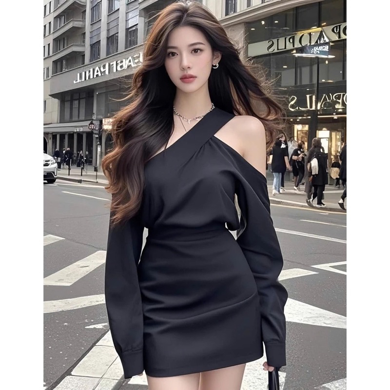 Đầm hở vai dáng ngắn chất liệu lụa cao cấp nhà DOE sanh chảnh đi hẹn hò dự tiệc. (02)