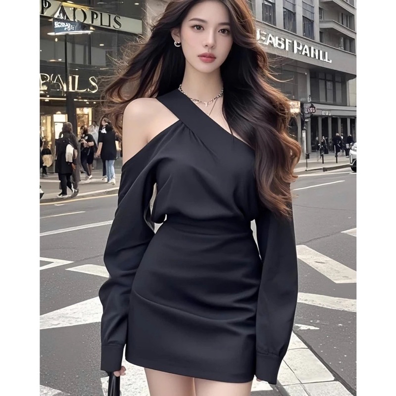 Đầm hở vai dáng ngắn chất liệu lụa cao cấp nhà DOE sanh chảnh đi hẹn hò dự tiệc. (02)