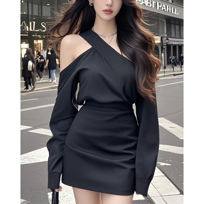 Đầm hở vai dáng ngắn chất liệu lụa cao cấp nhà DOE sanh chảnh đi hẹn hò dự tiệc. (02)