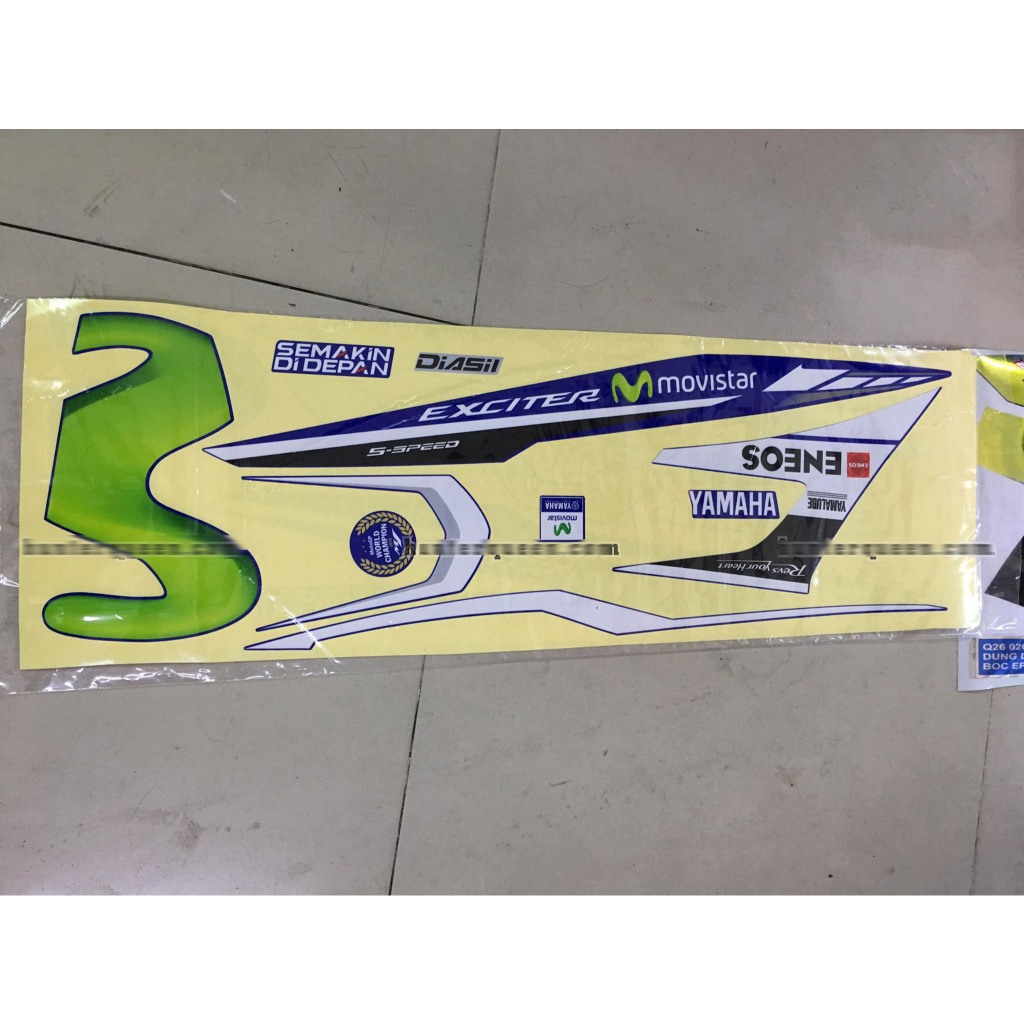 Tem in UV cao cấp. Exciter 150 Movistar Y15zr. Phiên bản 2017. Decal tem xe ép nhiệt kích thước chuẩn.