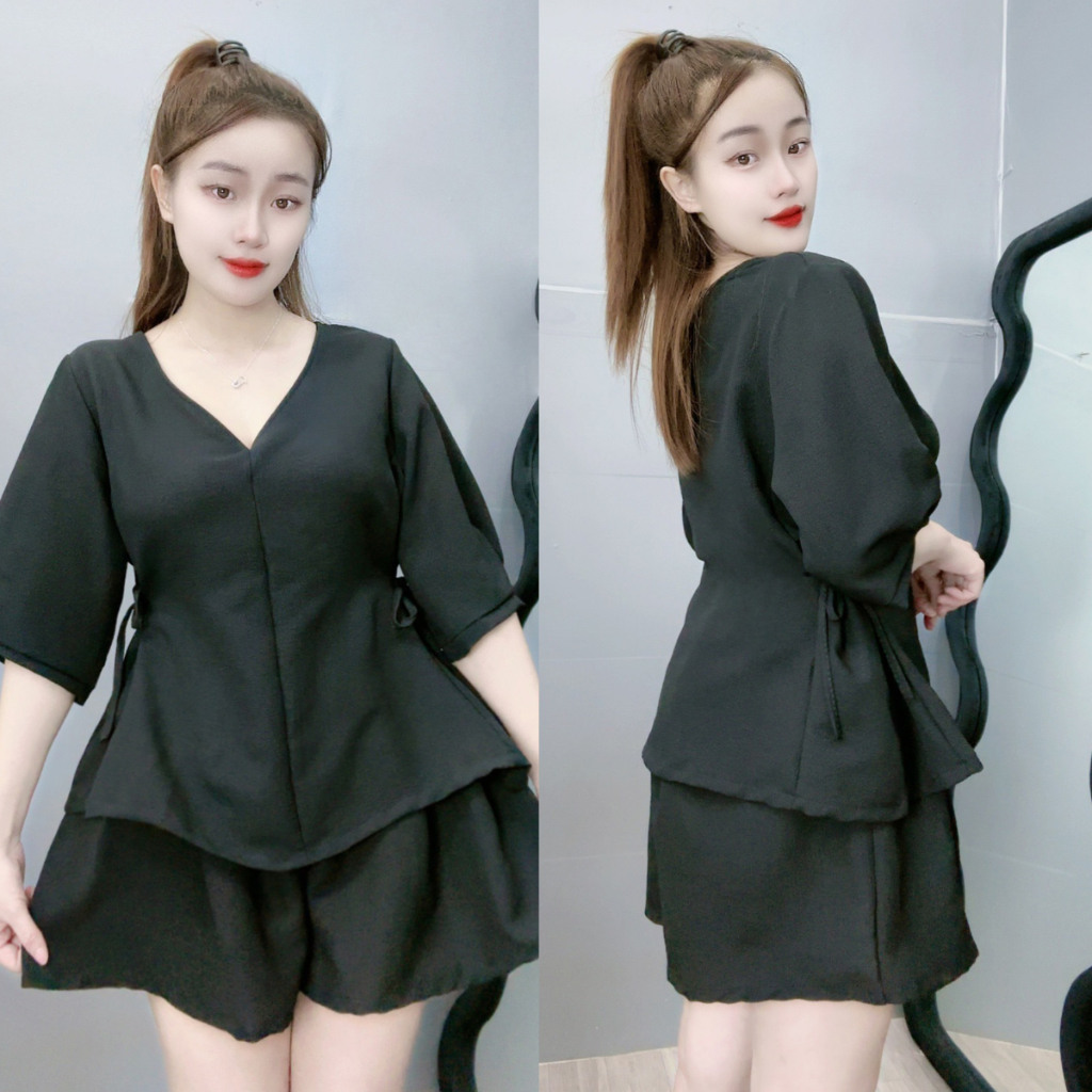 Set Đồ Bigsize Nữ 55–90kg Áo Thun Tay Bồng Babydoll Kèm Quần Đùi Chữ A Vải Xốp Đũi SET59