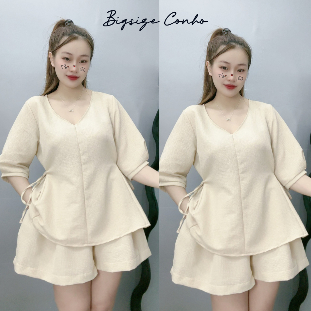 Set Đồ Bigsize Nữ 55–90kg Áo Thun Tay Bồng Babydoll Kèm Quần Đùi Chữ A Vải Xốp Đũi SET59