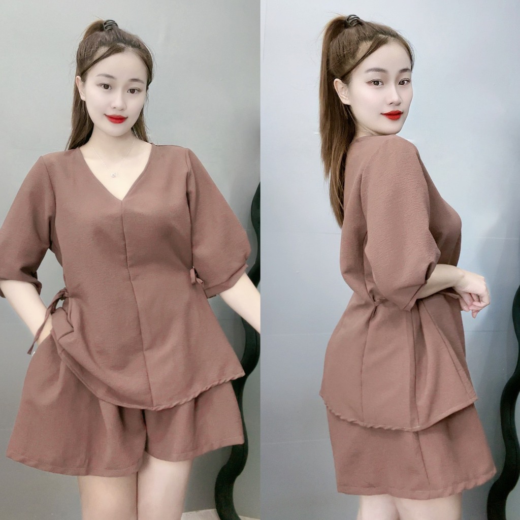 Set Đồ Bigsize Nữ 55–90kg Áo Thun Tay Bồng Babydoll Kèm Quần Đùi Chữ A Vải Xốp Đũi SET59
