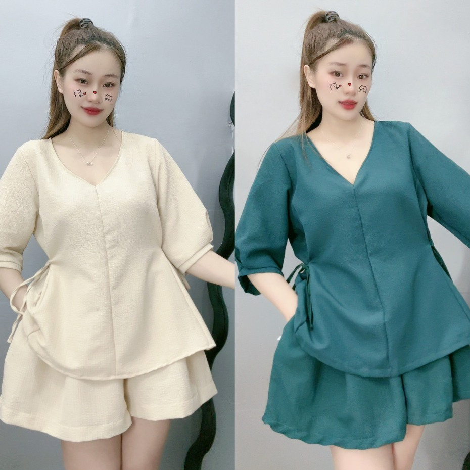 Set Đồ Bigsize Nữ 55–90kg Áo Thun Tay Bồng Babydoll Kèm Quần Đùi Chữ A Vải Xốp Đũi SET59