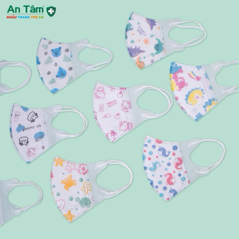 Thùng 100 cái - Khẩu trang y tế 5D cho bé 3 lớp Vải Không Dệt & Giấy Kháng Khuẩn Chính Hãng AN TÂM - Túi 10 cái